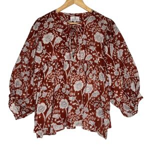 The Fox and The Mermaid Venice Terracota Floral Balloon Sleeve Peasant Blouse XL